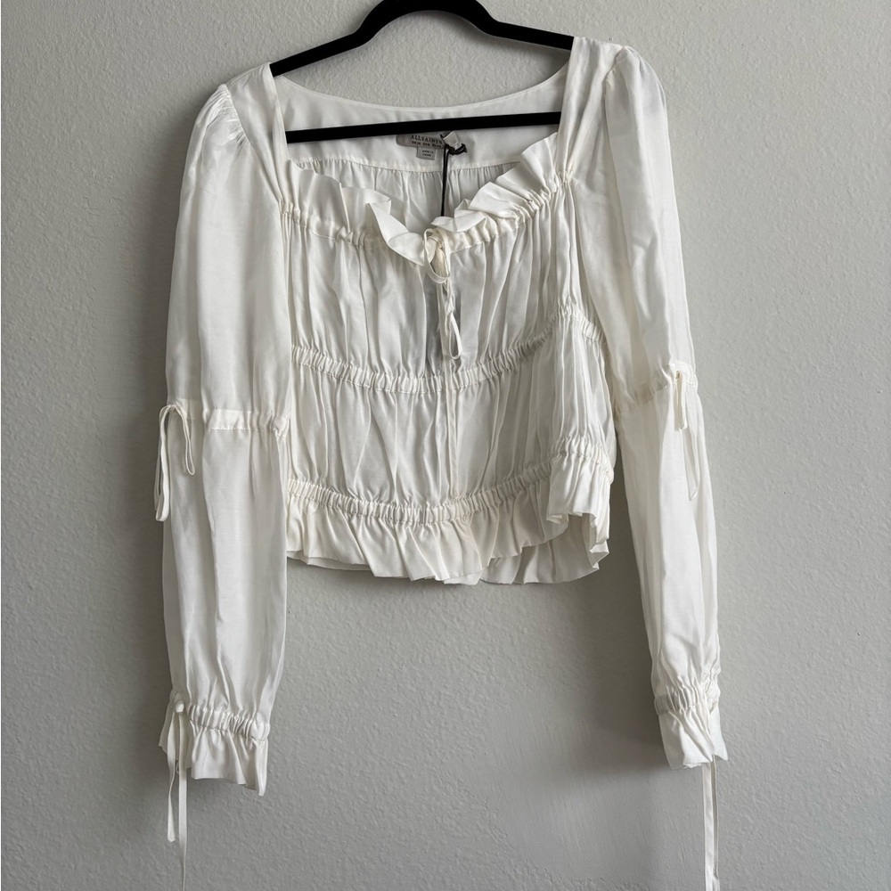 All Saints White Ruched Long Sleeve Blouse
